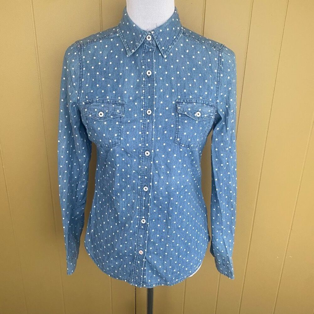 SO women M 100% cotton button down polka dot top w/button pockets & sleeves